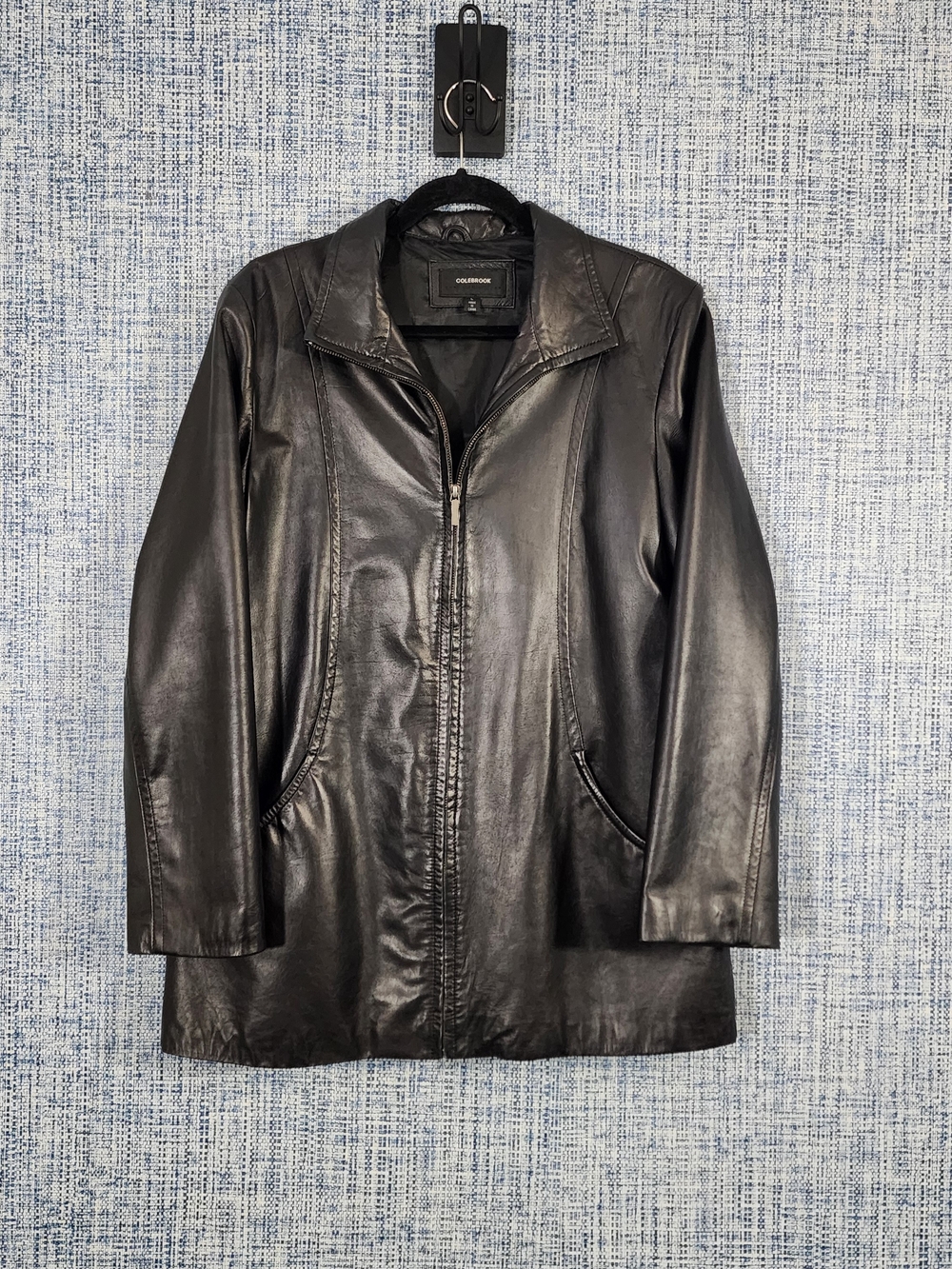 Colebrook Black Leather Jacket Women Large Zip Front Mid Length Coat Classic